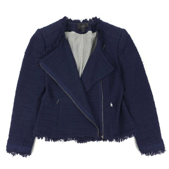 J CREW Tweed motorcycle jacket with fringe Old Money Quiet Luxury Trad Prep Navy - Picture 1 of 10